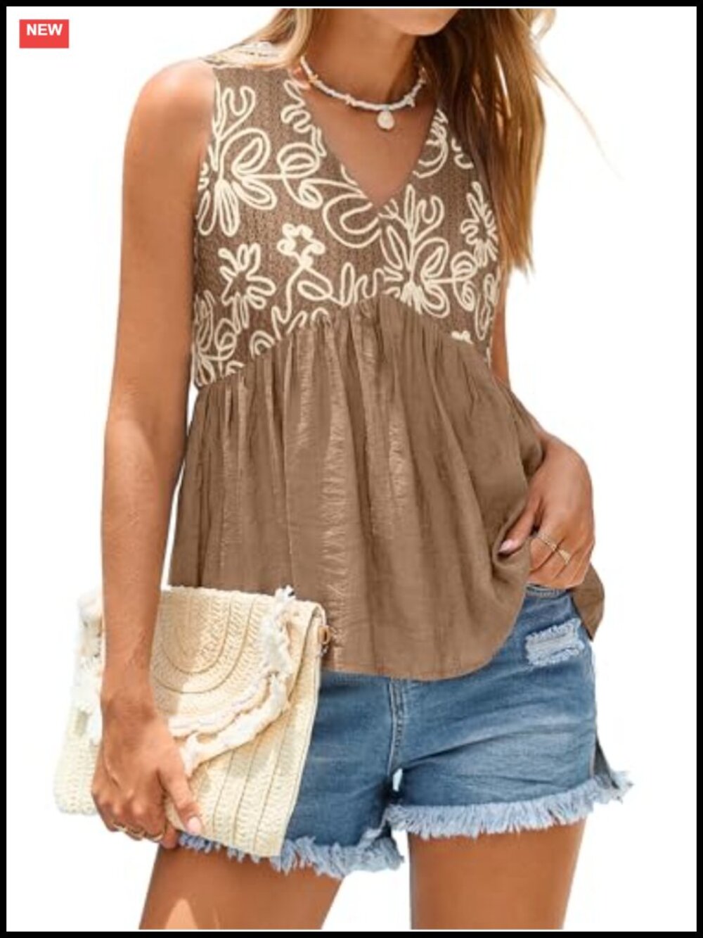 Women Sleeveless Babydoll Tank Top Embroidered Crochet Flowy Summer Tunic Blouse